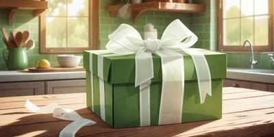 The primary subject of the image is a green box with a white bow on top. The box is placed on a wooden table, which serves as the setting. The visual style of the image is a combination of photo and digital art, creating a realistic yet artistic representation of the scene. The colors and mood of the image are predominantly green and white, giving it a fresh and clean appearance.